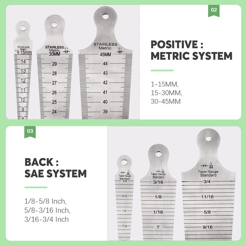Keadic 3Pcs Stainless Welding Taper Gauge Test Set, 1-15mm/15-30mm/30-45mm Feeler Gage Rulers Gap Hole Inspection Tool Inch & Metric Standard for Size Measurement (1/64”-5/8”, 5/8”-3/16”, 3/16”-3/4”) - Image 5